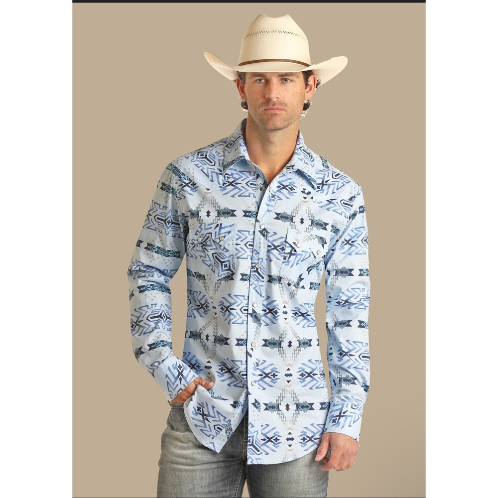 PANHANDLE ROUGH STOCK Mens L Aztec‎ Print Long Sleeve Snap Button Western Shirt